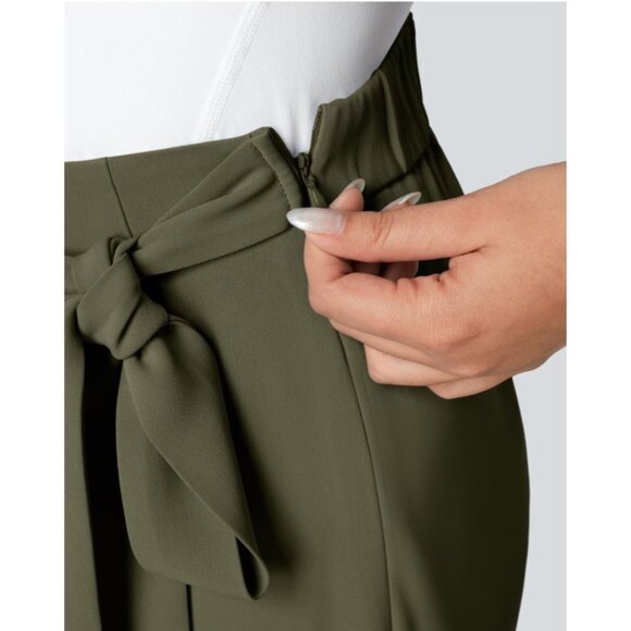 Halara High Waisted Tie Side Invisible Zipper Wide Leg Work Pants Sz Large Green - Picture 8 of 15